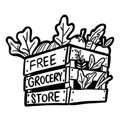 Free Grocery Store logo: a wooden square crate with veggies poking out